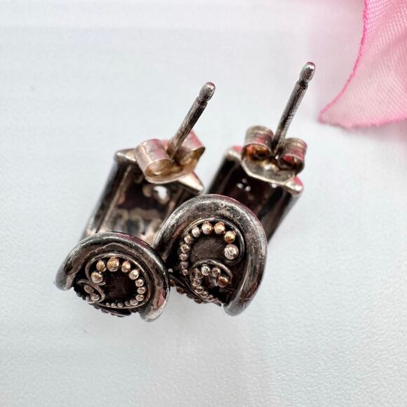 Vintage Silver Bali Style Scroll Beaded Wide Huggie Hoop Earrings Patina 4.08 G - Picture 8 of 15